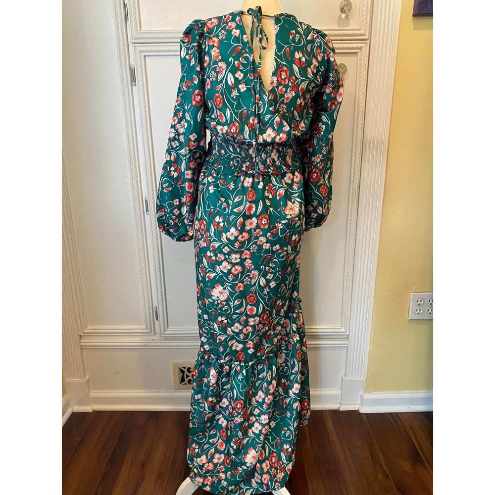Floral Smocked Maxi Dress Teal Green Coral Long Balloon Sleeve Boho Ruffle Hem L